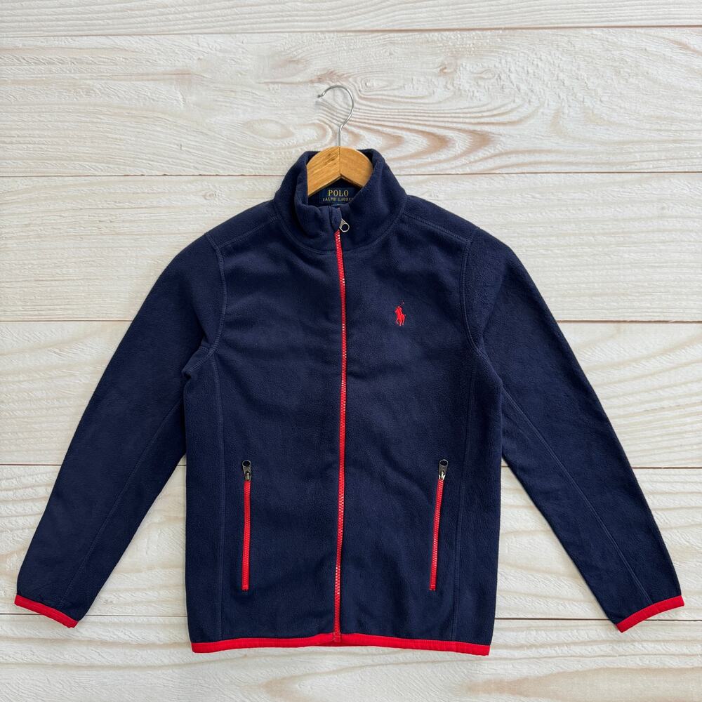 Polo Ralph Lauren Boys Size M (10-12) Full Zip Fleece Jacket Navy Red Trim